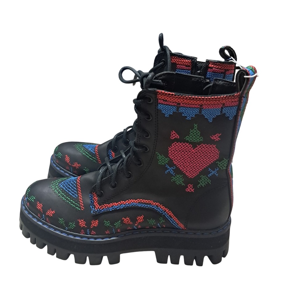 FARM Rio Black Lace-Up Combat Boots with Red & Green Embroidered Heart